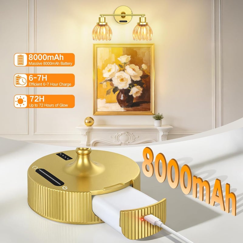 Battery Operated Vanity Wall Lights, 2-Light Rechargeable Wall Sconce with Tulip Glass Lampshade, Remote & Touch Control, Dimmable Wireless Wall Lamp for Bathroom Mirror Living Room, Orange - Image 4