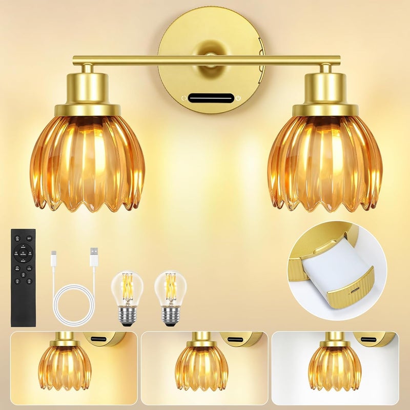 Battery Operated Vanity Wall Lights, 2-Light Rechargeable Wall Sconce with Tulip Glass Lampshade, Remote & Touch Control, Dimmable Wireless Wall Lamp for Bathroom Mirror Living Room, Orange - Image 1