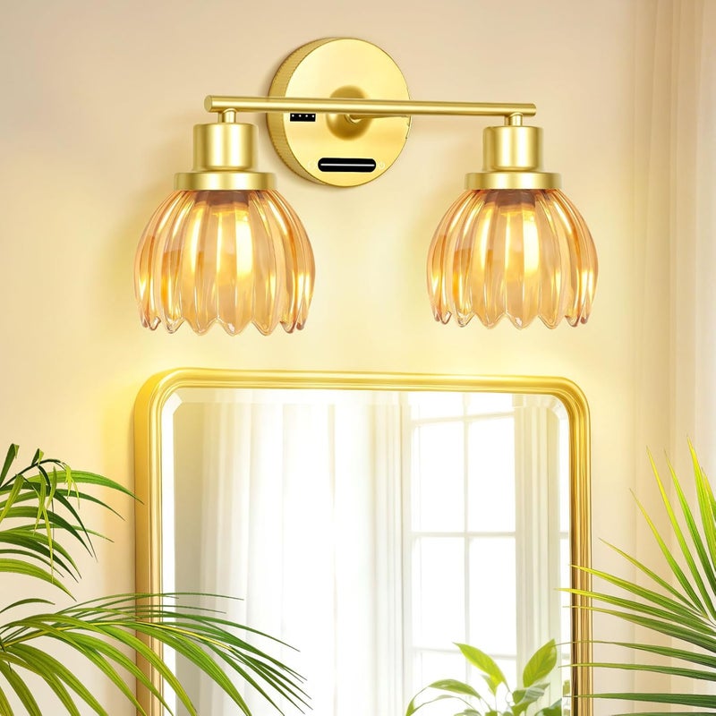 Battery Operated Vanity Wall Lights, 2-Light Rechargeable Wall Sconce with Tulip Glass Lampshade, Remote & Touch Control, Dimmable Wireless Wall Lamp for Bathroom Mirror Living Room, Orange - Image 3