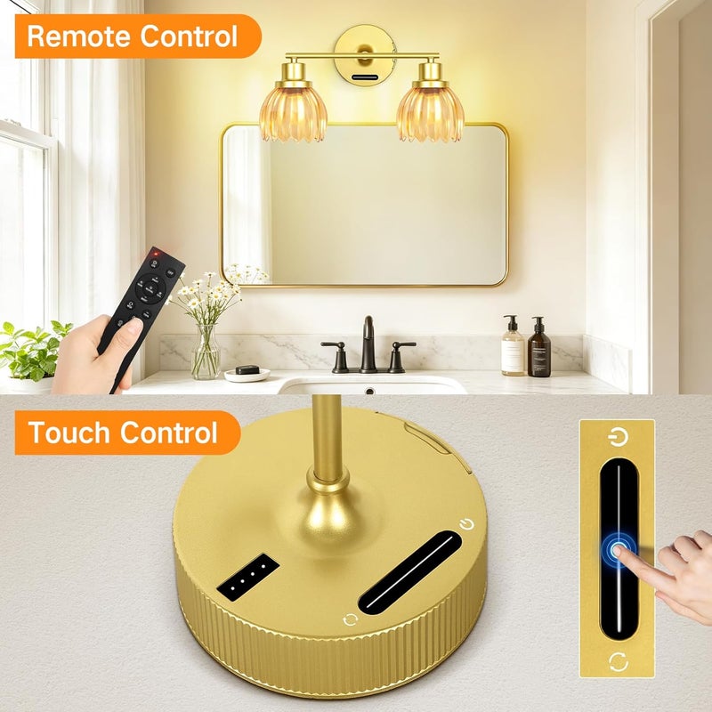 Battery Operated Vanity Wall Lights, 2-Light Rechargeable Wall Sconce with Tulip Glass Lampshade, Remote & Touch Control, Dimmable Wireless Wall Lamp for Bathroom Mirror Living Room, Orange - Image 2