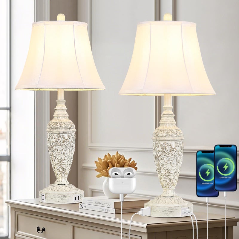 Sheetea 2-Pack 26.8â€™â€™ Vintage Table Lamps with Dual USB Charging Ports & AC Outlet, Traditional White Bedside Lamps Set of 2 with Carved Resin Base and Faux Silk Shade for Bedroom, Living Room, Office - Image 1