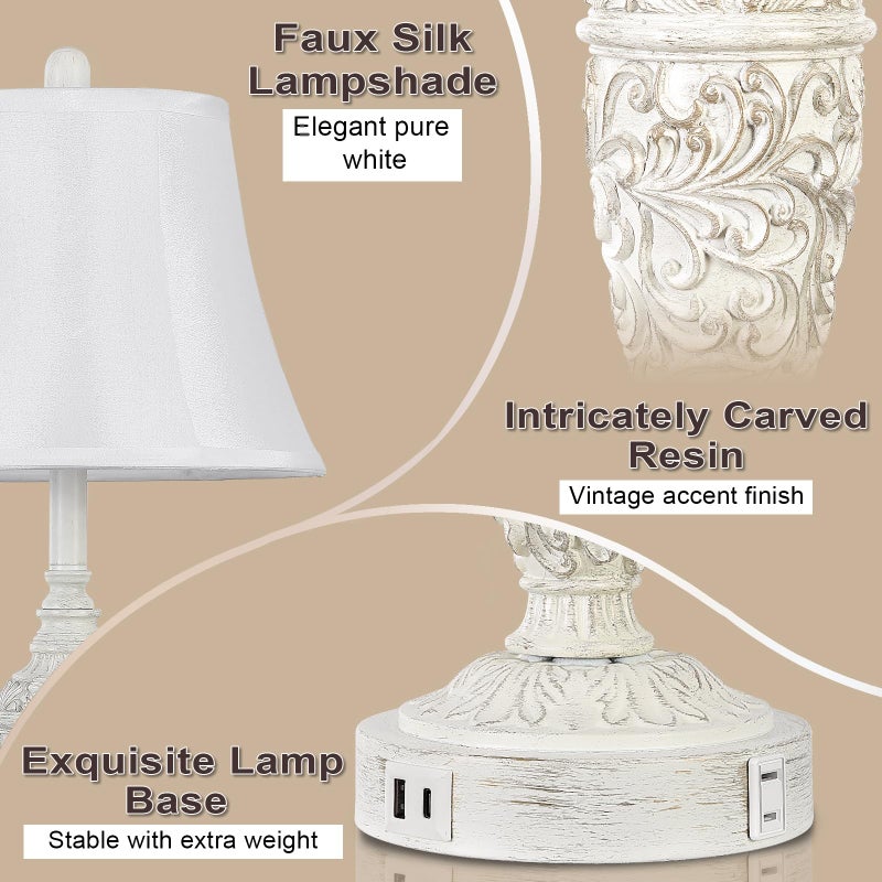 Sheetea 2-Pack 26.8â€™â€™ Vintage Table Lamps with Dual USB Charging Ports & AC Outlet, Traditional White Bedside Lamps Set of 2 with Carved Resin Base and Faux Silk Shade for Bedroom, Living Room, Office - Image 3