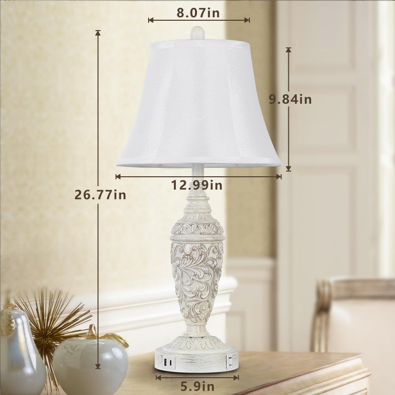 Sheetea 2-Pack 26.8â€™â€™ Vintage Table Lamps with Dual USB Charging Ports & AC Outlet, Traditional White Bedside Lamps Set of 2 with Carved Resin Base and Faux Silk Shade for Bedroom, Living Room, Office - Image 4