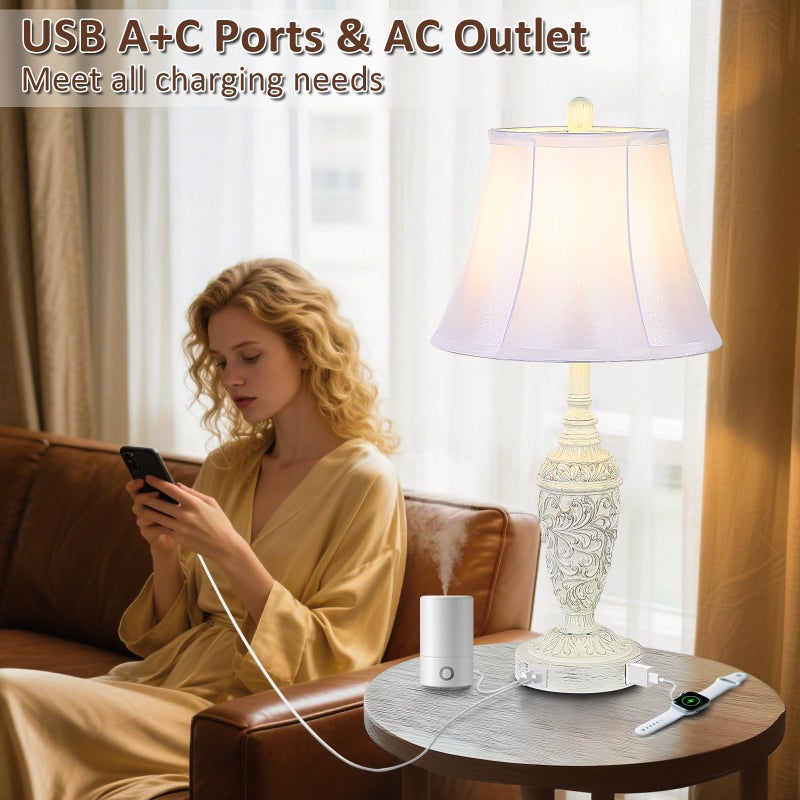 Sheetea 2-Pack 26.8â€™â€™ Vintage Table Lamps with Dual USB Charging Ports & AC Outlet, Traditional White Bedside Lamps Set of 2 with Carved Resin Base and Faux Silk Shade for Bedroom, Living Room, Office - Image 2