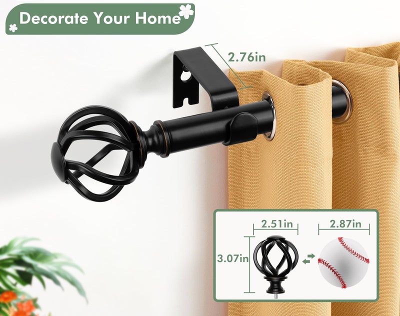 USFOOK Black Curtain Rod 32 to 58 Inch (2.6-4.8 ft), USFOOK 7/8 Curtain Rods for Windows 20 to 54 Inch, Telescoping Splicing Drapery Rods with Twisted Cage Finials - Image 2