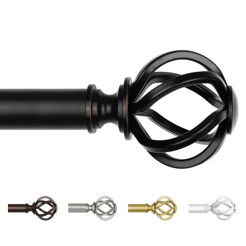 USFOOK Black Curtain Rod 32 to 58 Inch (2.6-4.8 ft), USFOOK 7/8 Curtain Rods for Windows 20 to 54 Inch, Telescoping Splicing Drapery Rods with Twisted Cage Finials - Image 1