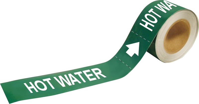 Brady 109221 Economy Pipe Markers-To-Go, B-946, 1" Height X 8" Width, White On Green Pressure Sensitive Vinyl, Legend "Hot Water" - Image 1