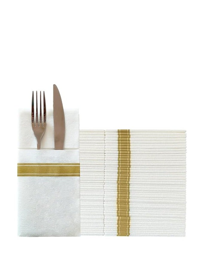 EAZZY Disposable Napkins Paper Dinner Napkins with Built-in Flatware Pocket Disposable Paper Hand Napkins for Parties, Weddings, Events Linen-Feel 40x40 cm-Gold Stripe,25 Count  - Image 1