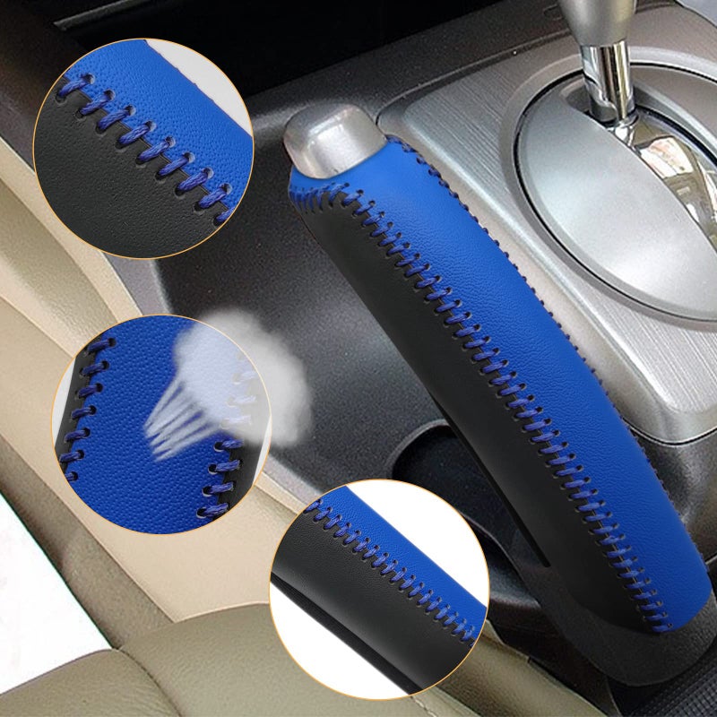 SUNBREATH Compatible with Black Blue Genuine Leather Hand-Stitched Handbrake Protector Cover Interior Accessories Protective Decoration for Honda Civic 2006 2007 2008 2009 2010 2011 Blue Stitches - Image 1