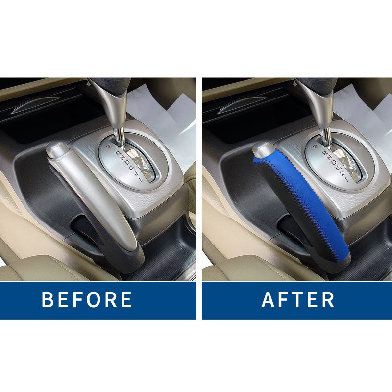 SUNBREATH Compatible with Black Blue Genuine Leather Hand-Stitched Handbrake Protector Cover Interior Accessories Protective Decoration for Honda Civic 2006 2007 2008 2009 2010 2011 Blue Stitches - Image 5
