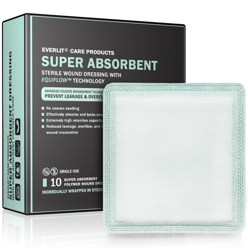 EVERLIT CARE EquiFlow Super Absorbent Dressing for Heavily Exuding Wound | Fast-Absorbing Non-Adhesive Polymer Dressing with Nonstick Gauze Pad | High Absorption & Retention | Pack of 10 (4" x 4") - Image 1