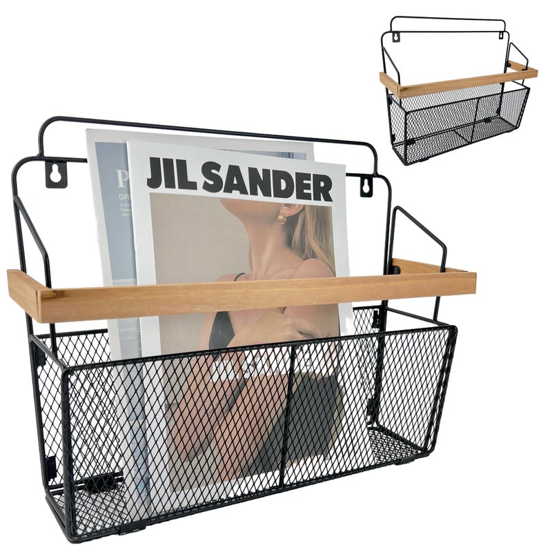 Pubgeer Wall File Organizer with Wooden Trim Wall Mounted Magazine Holder Hanging File Organizer Metal Wire Hanging Magazine Rack for Living Room and Office Hanging Paper Organizer 2 Packs - Image 2