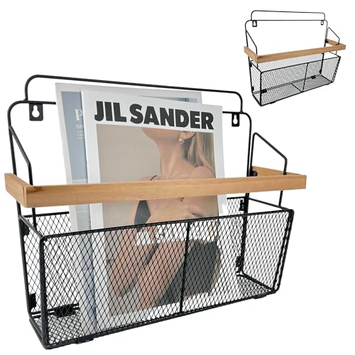 Pubgeer Wall File Organizer with Wooden Trim Wall Mounted Magazine Holder Hanging File Organizer Metal Wire Hanging Magazine Rack for Living Room and Office Hanging Paper Organizer 2 Packs - Image 1