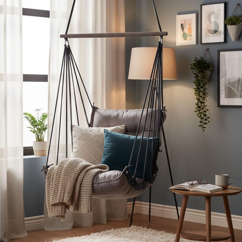 JULJULIA أرجوحة للشرفة - جولا مميزة للبالغين للمنزل، جولا آمنة للأطفال، كرسي معلق للشرفة الداخلية، تصميم متين ومريح، سهولة التركيب والصيانة - JJ_LOW-K-LIGHT COFFEE - Image 5