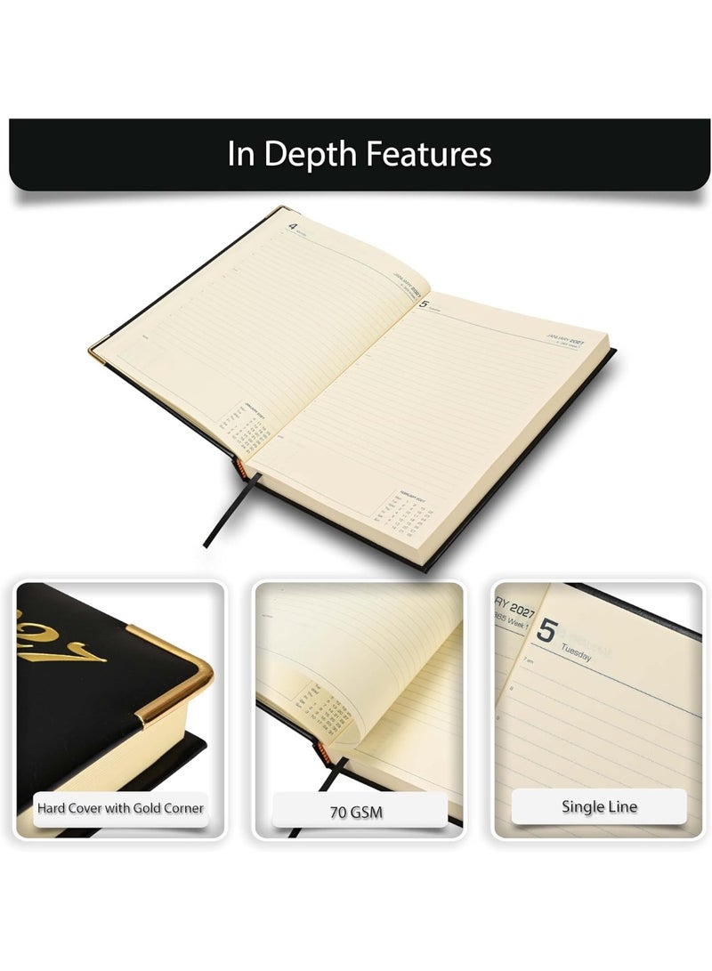 FIS 2027 Bonded Leather Executive Daily Diary, Size (195x260mm), 1 Side Padded Cover, Golden Corners, 1 Day a Page, English, 70gsm Italian Ivory Paper, Black Cover - FSDI88EB27BK - Image 5