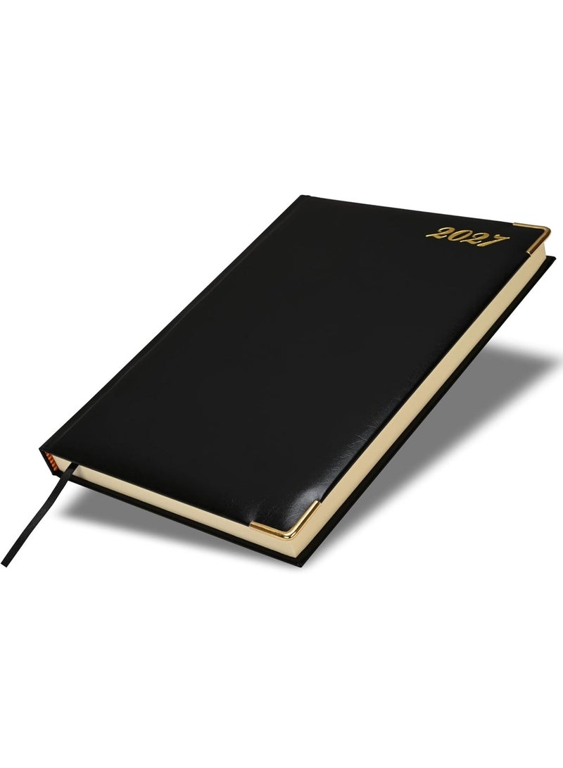 FIS 2027 Bonded Leather Executive Daily Diary, Size (195x260mm), 1 Side Padded Cover, Golden Corners, 1 Day a Page, English, 70gsm Italian Ivory Paper, Black Cover - FSDI88EB27BK - Image 1