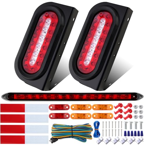 Partswcgg 6" Oval Led Trailer Tail Lights Kit w/Mounting Brackets,2Pcs 6" Oval Led Stop Turn Brake Tail Backup Reverse Lights w/13.8" Led Trailer Light Bar/Mini Markers/25ft Wiring Harness 5-Pin - Image 1