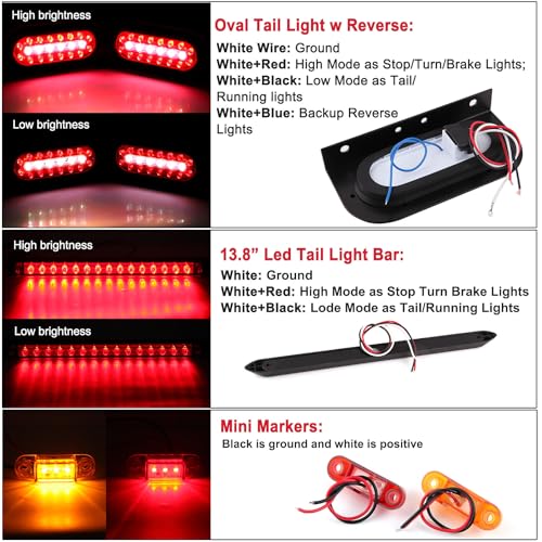 Partswcgg 6" Oval Led Trailer Tail Lights Kit w/Mounting Brackets,2Pcs 6" Oval Led Stop Turn Brake Tail Backup Reverse Lights w/13.8" Led Trailer Light Bar/Mini Markers/25ft Wiring Harness 5-Pin - Image 3