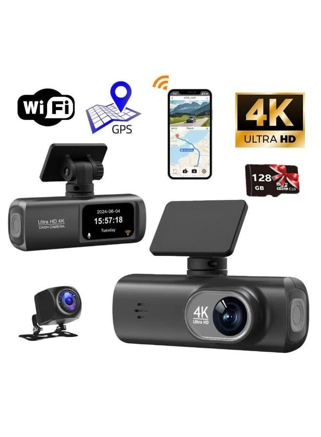 فومو جهاز تسجيل فيديو سيارة UHD 4K بعديد الأجهزة المراقبة الأمامية والخلفية، مع عدسة أمامية بتنسيق 3840*2160 بكسل وعدسة خلفية، بطاقة ذاكرة 128 جيجابايت، ويوفر اتصال واي فاي مضمنًا ومستشعر G مع نظام تحديد المواقع العالمي (GPS) - Image 1