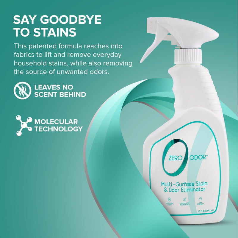 Zero Odor - Multi-Surface Stain Remover & Odor Eliminator - Remove Stains and Odor Patented Molecular Technology Best for Carpet, Rug, Linens, Furniture, Floors, 16oz - Image 3