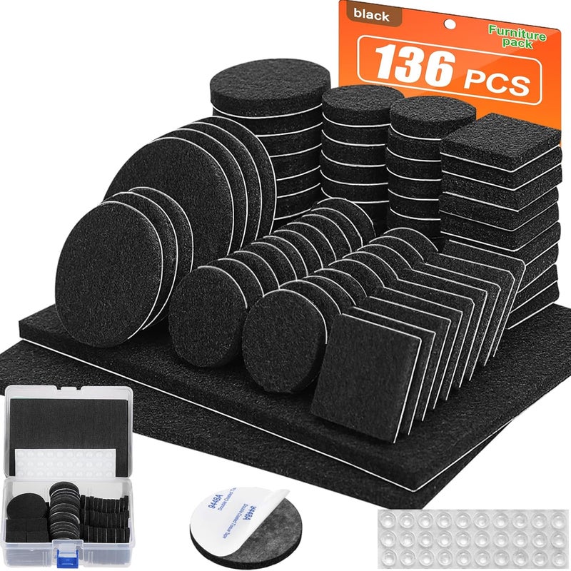 FURNIMATE Felt Furniture Pads 136 Pieces, Felt Pads for Furniture Black 5mm Thick, Floor Savers for Furniture Anti Scratch, Best Floor Protectors with Case for Hardwood Floors - Image 1