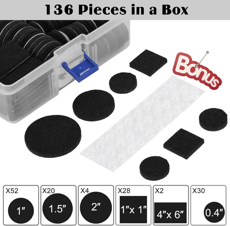 FURNIMATE Felt Furniture Pads 136 Pieces, Felt Pads for Furniture Black 5mm Thick, Floor Savers for Furniture Anti Scratch, Best Floor Protectors with Case for Hardwood Floors - Image 2