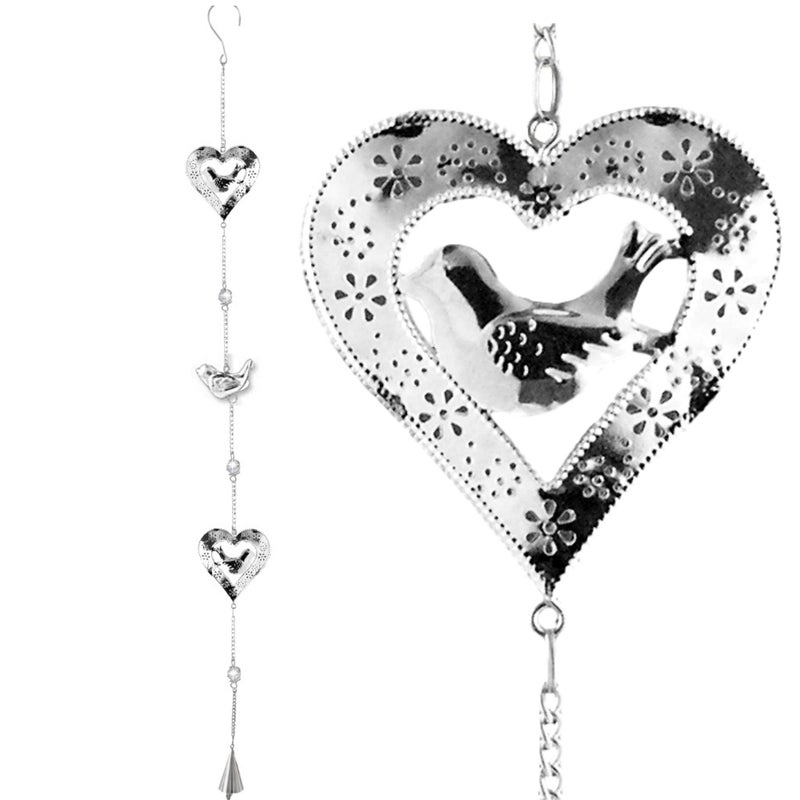 BANBERRY DESIGNS Hanging Garden Decor  Hearts and Birds Mobile  Silver Filigree Design with Glass Marbles and Bell Chime  Outdoor Decoration  38 L 