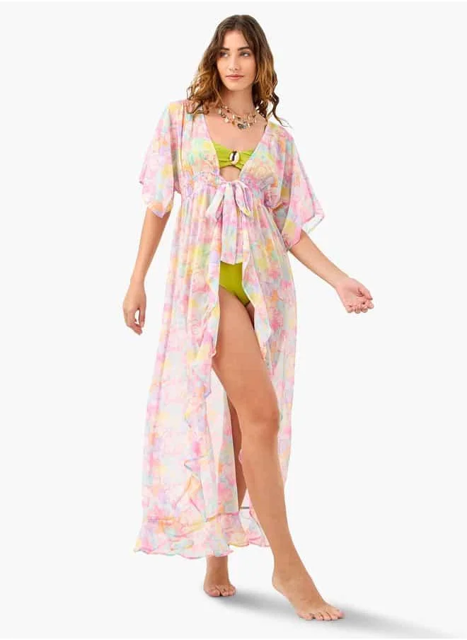 FAV All-Over Floral Print Cover-Up with Tie-Ups and Shirred Detail