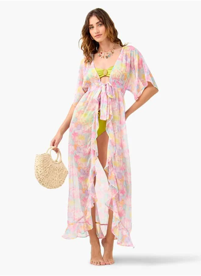 FAV All-Over Floral Print Cover-Up with Tie-Ups and Shirred Detail