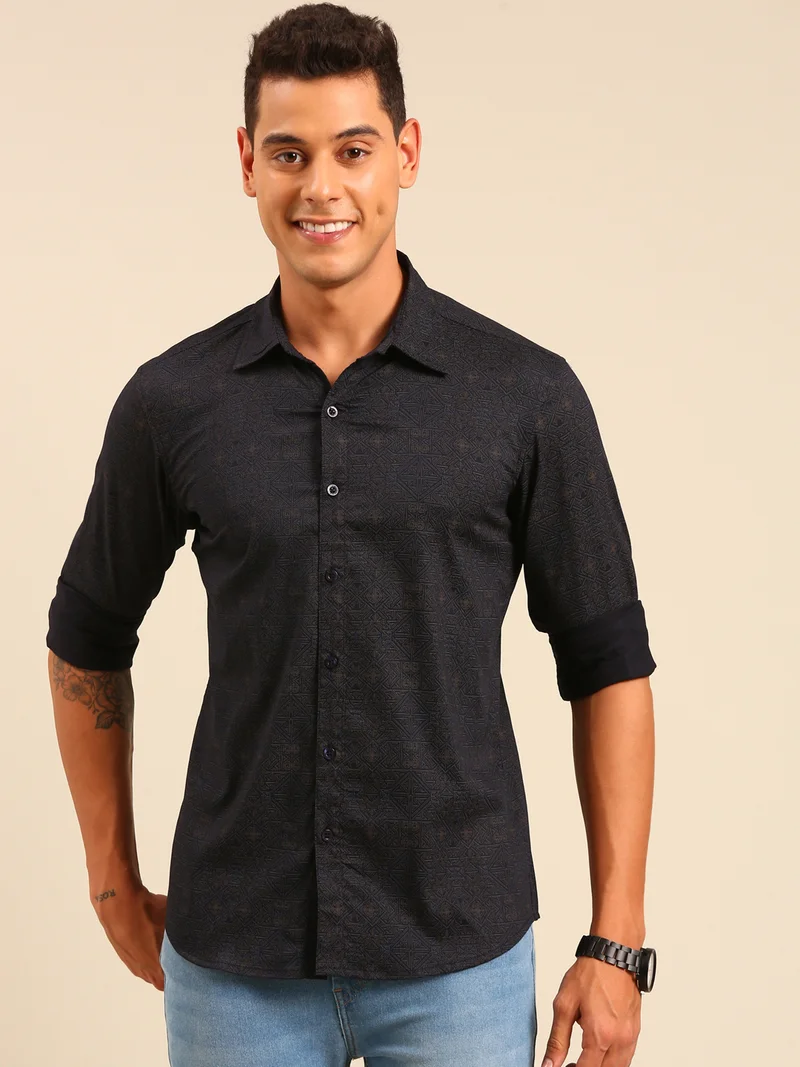 جوفن قميص قطني مطبوع باللون الأزرق الداكن للرجال