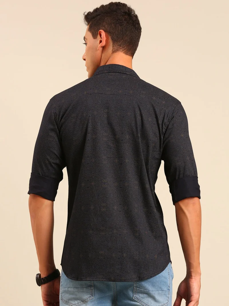 Joven Navy Blue Printed Cotton Shirt for Men
