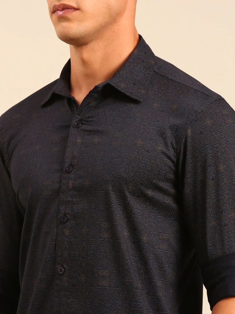 Joven  Navy Blue Printed Cotton Shirt for Men for Men | Best Price UAE