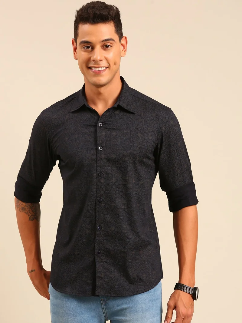 Joven  Navy Blue Printed Cotton Shirt for Men for Men | Best Price UAE