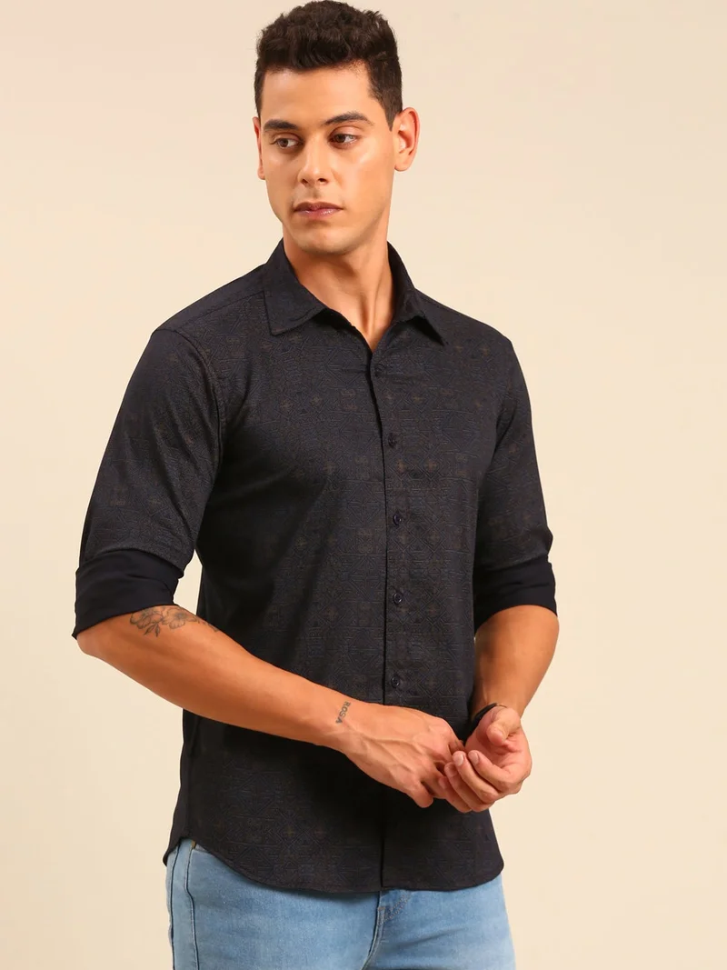 جوفن قميص قطني مطبوع باللون الأزرق الداكن للرجال