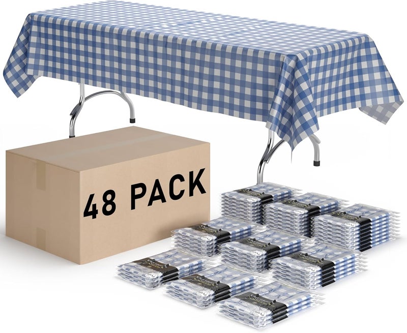 Exquisite Picnic Table Cover - 48 Pack Premium Rectangle Plastic Tablecloth - Blue & White Checkered BBQ Table Cover - Gingham Checkerboard Disposable Plastic Tablecloth 54" x 108" Rectangle - Image 1