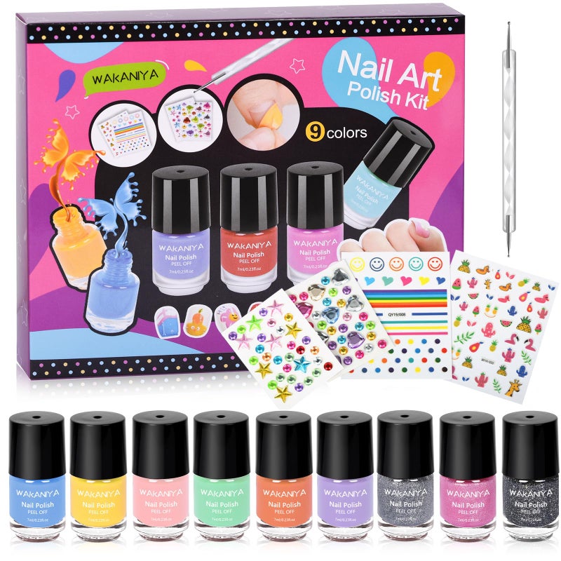 wakaniya Quick Dry Kids Nail Polish Set for Girls, Non-Toxic Toddler Water-Based Nail Polish Kit with Gems Stickers 9 Colors Peelable Fingernail Set for Ages 3+ - Image 1