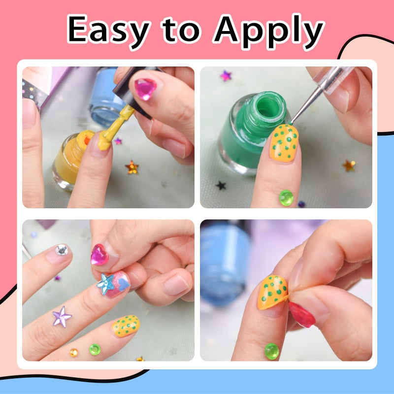 wakaniya Quick Dry Kids Nail Polish Set for Girls, Non-Toxic Toddler Water-Based Nail Polish Kit with Gems Stickers 9 Colors Peelable Fingernail Set for Ages 3+ - Image 5