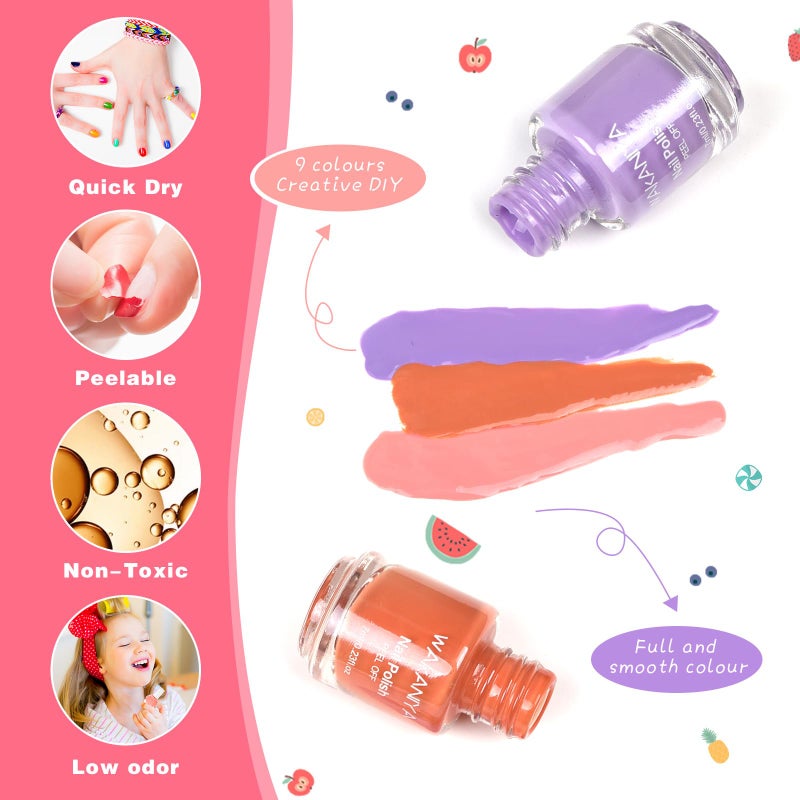 wakaniya Quick Dry Kids Nail Polish Set for Girls, Non-Toxic Toddler Water-Based Nail Polish Kit with Gems Stickers 9 Colors Peelable Fingernail Set for Ages 3+ - Image 4