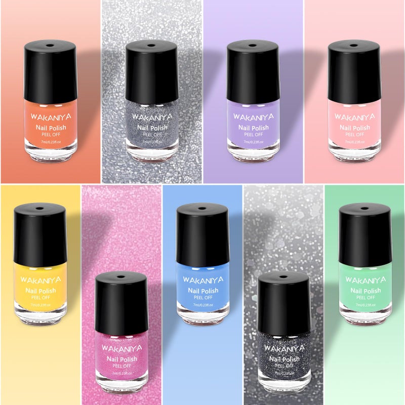 wakaniya Quick Dry Kids Nail Polish Set for Girls, Non-Toxic Toddler Water-Based Nail Polish Kit with Gems Stickers 9 Colors Peelable Fingernail Set for Ages 3+ - Image 2