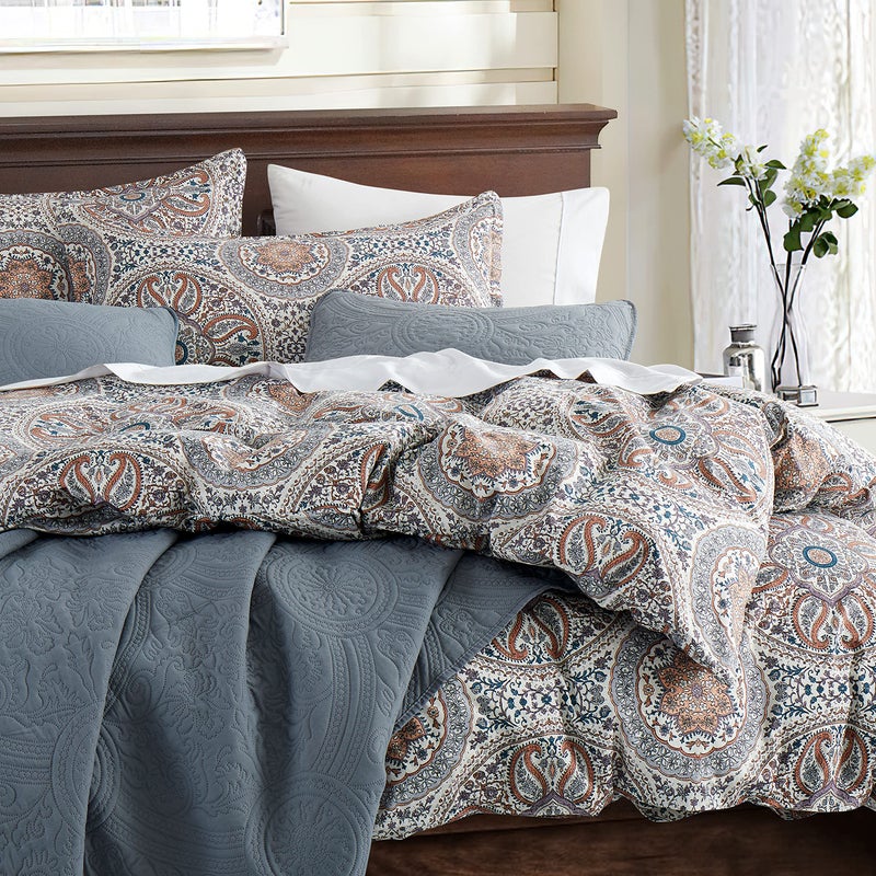 Eikei Boho Floral Medallions Duvet Cover 3pc Set Bohemian Paisley Bedding Boteh Damask Circles 400TC Egyptian Cotton Sateen Luxury European Traditional Style Bed Linen Copper Super King 