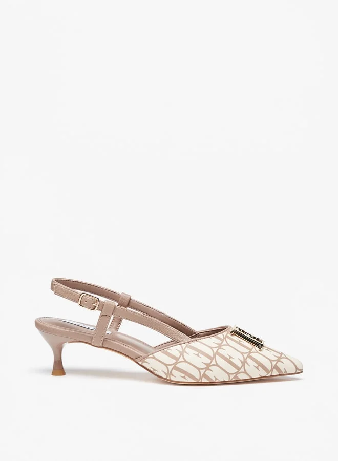 ELLE Women's Monogram Print Pumps with Buckle Closure and Kitten Heels