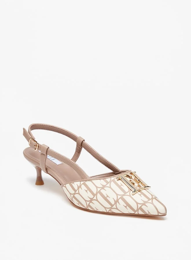 ELLE Women's Monogram Print Pumps with Buckle Closure and Kitten Heels