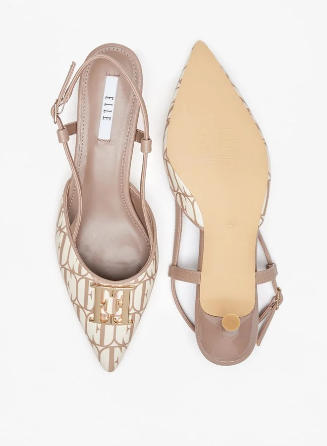 ELLE Women's Monogram Print Pumps with Buckle Closure and Kitten Heels