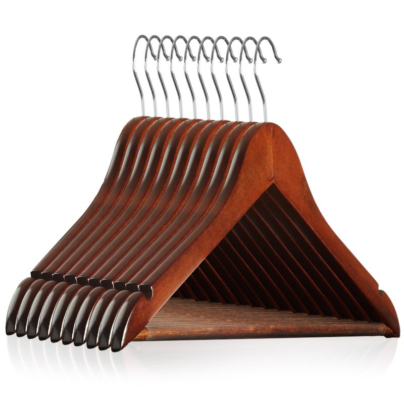Casafield 10 Walnut Wooden Suit Hangers Premium Lotus Wood with Notches Chrome Swivel Hook for Dress Clothes Coats Jackets Pants Shirts Skirts