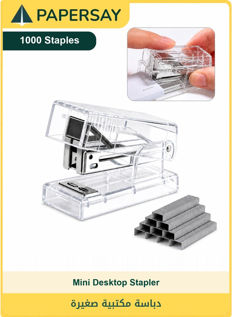 PAPERSAY Mini Desktop Stapler with 1000 Staples, One Finger Press Small Stapler, Transparent Portable Manual Stapler, 12 Sheet Capacity for Office School Home Use - Image 1