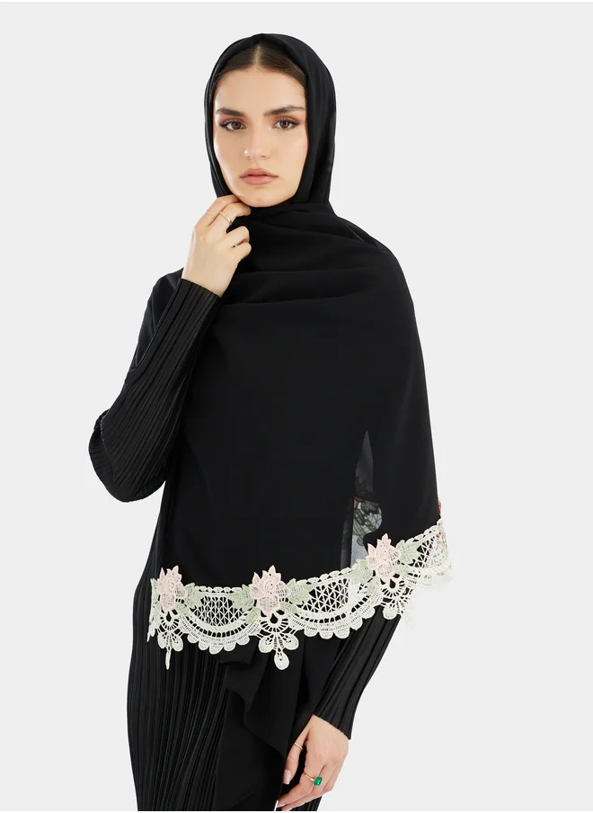 ستايلي Solid Chiffon Hijab with Lace Trim