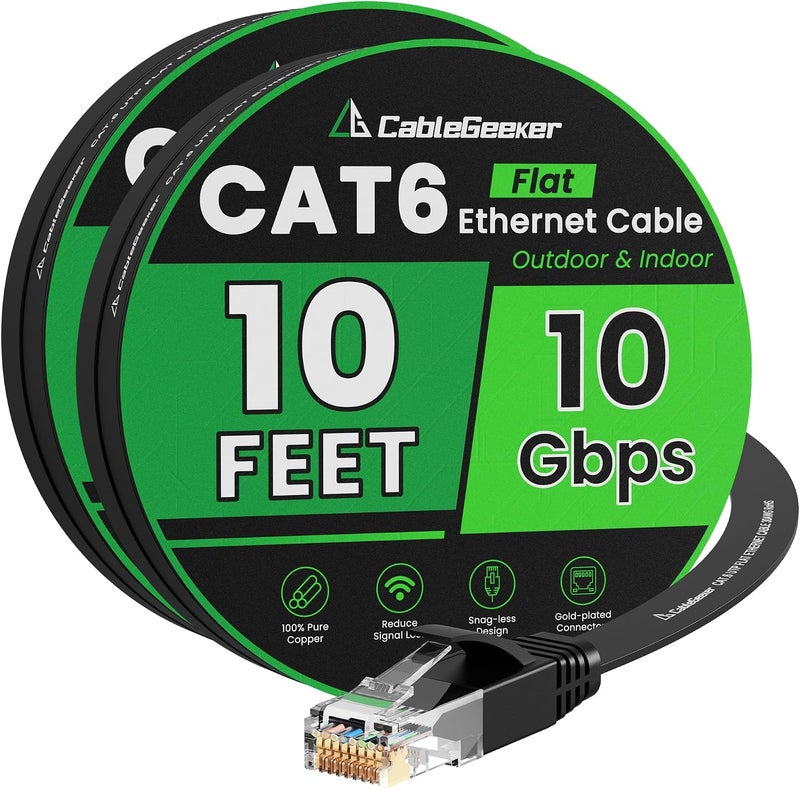 CableGeeker Cat 6 Ethernet Cable 10ft 2-Pack, Indoor&Outdoor, High Speed 10Gbps Internet Network, Pure Copper Flat Ethernet Patch Cable Long, Computer LAN Cable with Clips&Straps for Router,Modem,PS4/5, Black - Image 1
