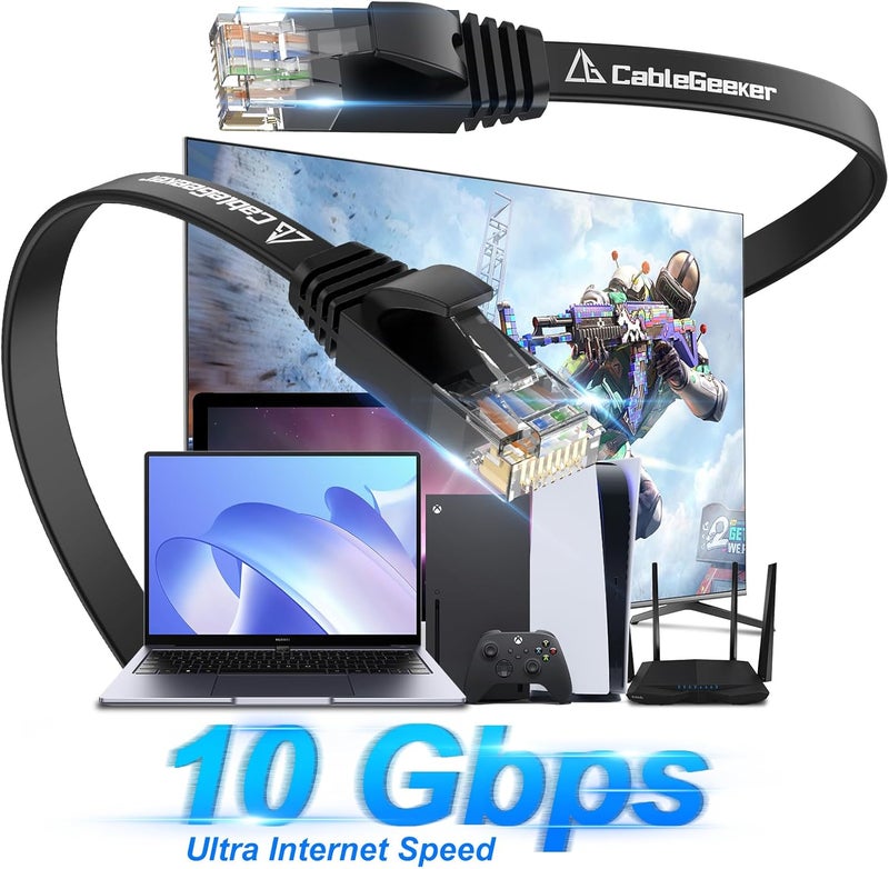 CableGeeker Cat 6 Ethernet Cable 10ft 2-Pack, Indoor&Outdoor, High Speed 10Gbps Internet Network, Pure Copper Flat Ethernet Patch Cable Long, Computer LAN Cable with Clips&Straps for Router,Modem,PS4/5, Black - Image 2