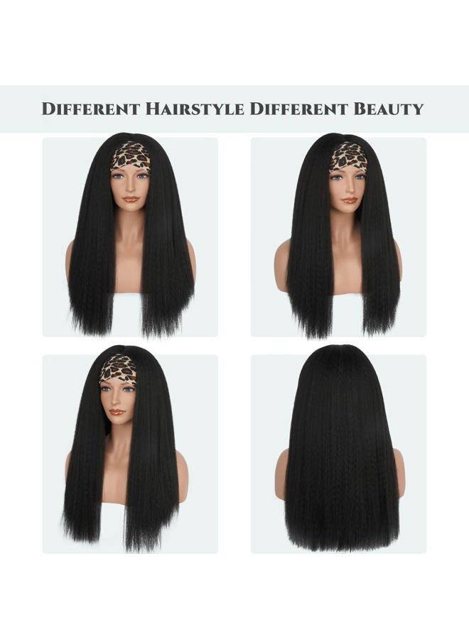 Aminow Straight Headband Wig, Soft & Natural as Human Hair, Glueless Synthetic Wigs for Black Women, Long Black Italian Yaki Half Wig with Headband Attached 24 Inch - Image 5