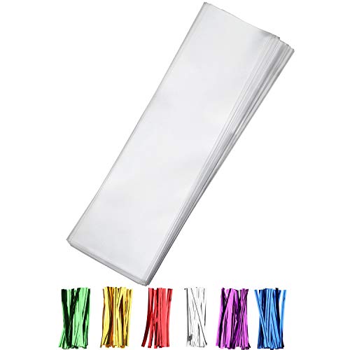 Nobranded 200 pcs Clear 3 x 11 Flat Cello Cellophane Bags Poly Treat Bags 28 mils for Gift Wrapping Bakery Cookie Candies Toast Dessert Party Favors Packaging with Color Twist Ties - Image 2